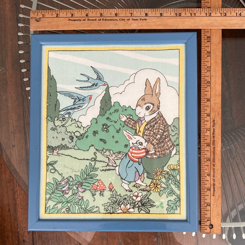 Vintage Framed Cyrus Clark stitched screen print rabbit garden scene - Picture 5 of 15